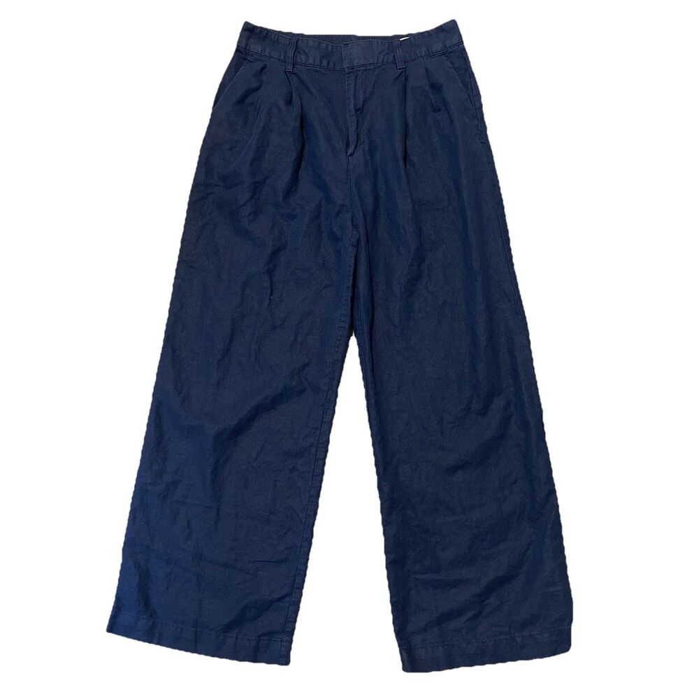 GAP Women’s Pants Size 10 Pleated Linen High Rise Wide Leg Navy Work Casual